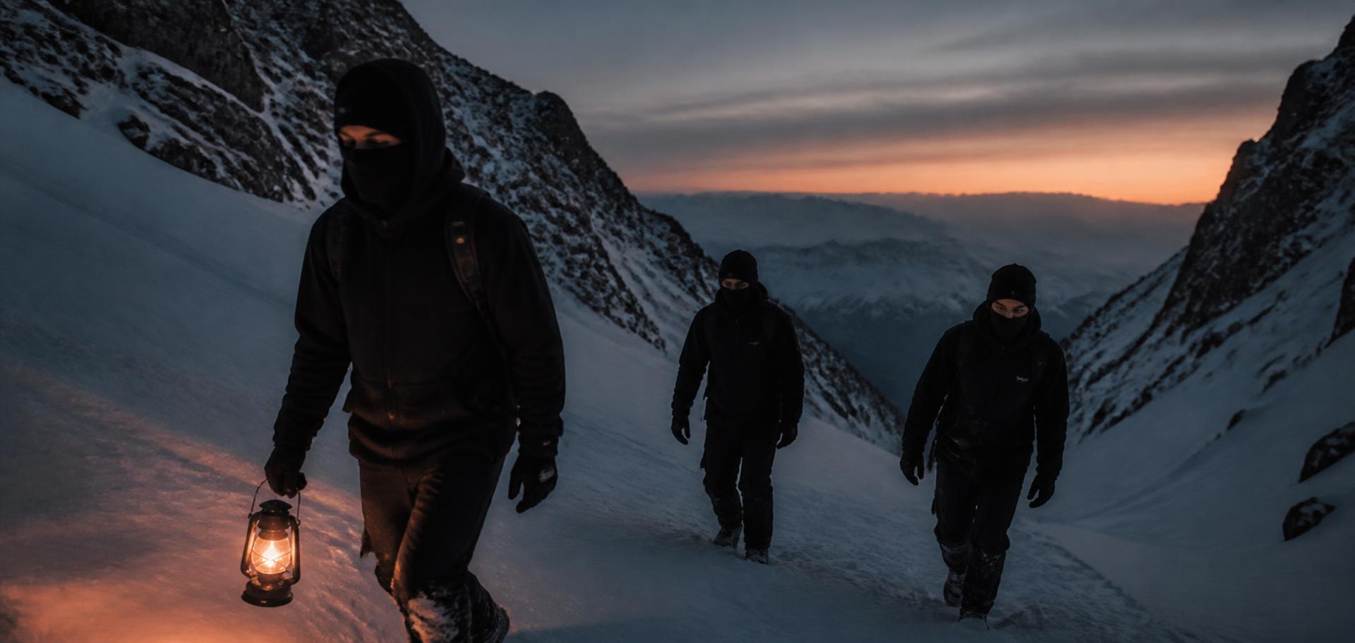 Friends wearing WOVEN snow clothing in an alpine couloir