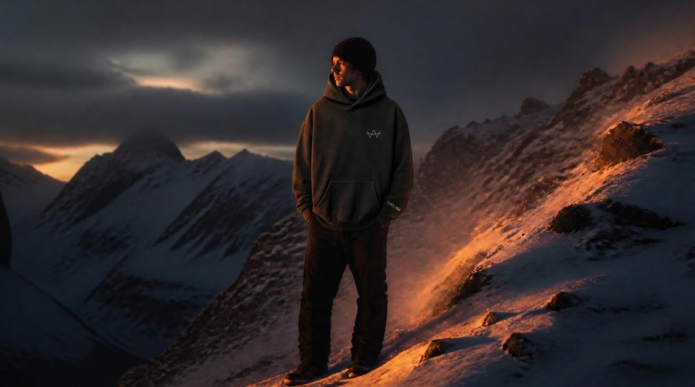 Snowboarder surveying an alpine ridge at dusk